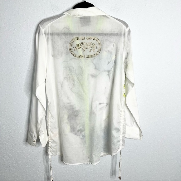 Ecko Red Top Women Large Y2K Shirt Rhino Graffiti Artsy Vintage Button Up Tunic - Picture 5 of 12